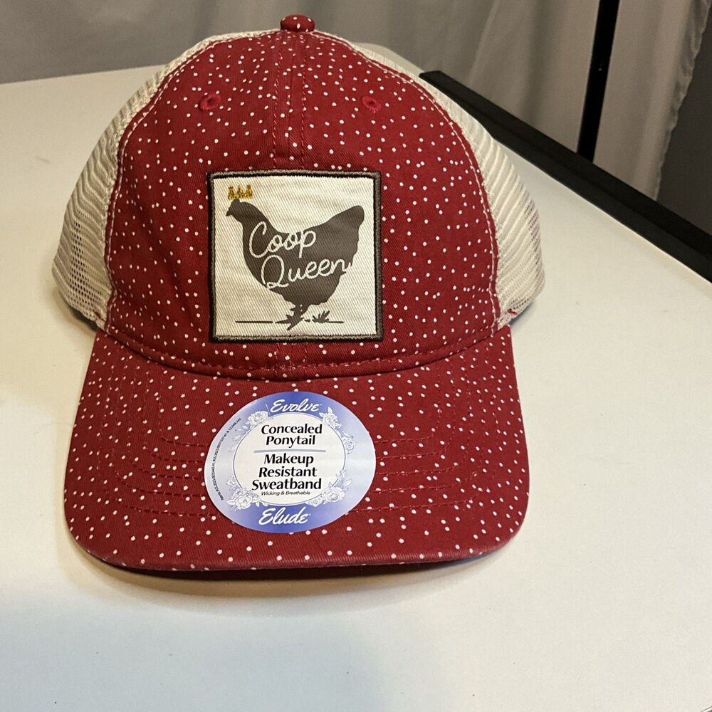 NWT Ladies Coop Queen Red Polkadots Cap With Ponytail Slot And Makeup Wicking.